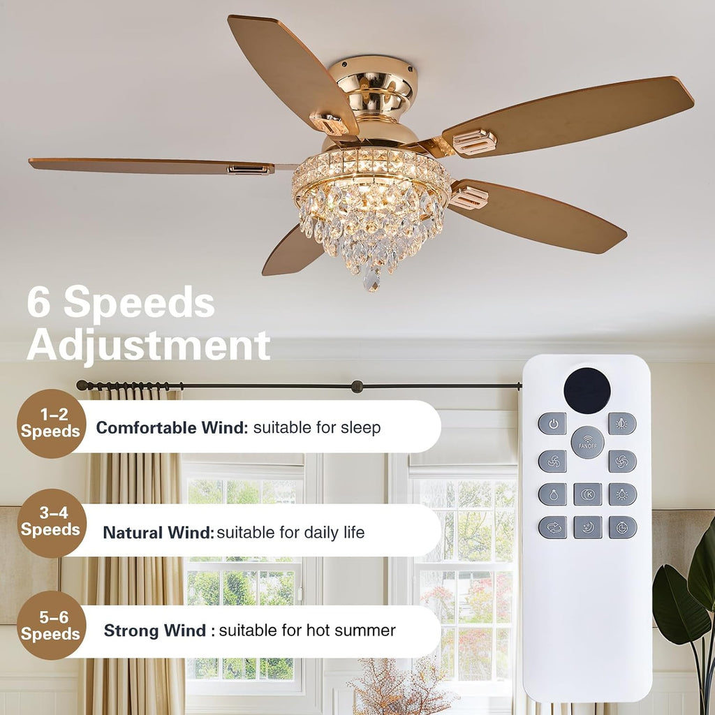 Crystal Ceiling Fan Fandelier with Lights-Ceiling Fans with Lights,54' Low Profile and Remote Control, Flush Mount, Reversible, Dimmable, Noiseless,Gold Ceiling Fan for Bedroom