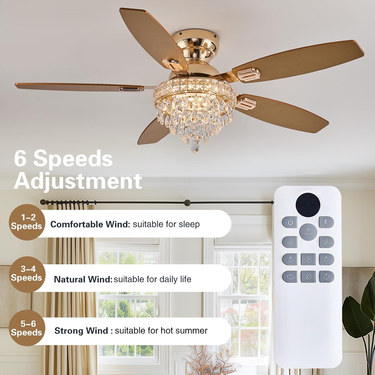 Crystal Ceiling Fan Fandelier with Lights-Ceiling Fans with Lights,54' Low Profile and Remote Control, Flush Mount, Reversible, Dimmable, Noiseless,Gold Ceiling Fan for Bedroom