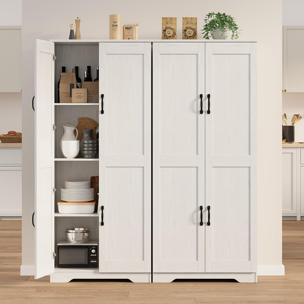 IDEALHOUSE Tall Pantry Cabinet, 60' Kitchen Pantry Storage Cabinet with 2 Doors and Adjustable Shelves, Freestanding Kitchen Cabinet, Cupboard for Dining Room, Bathroom, Living Room, White