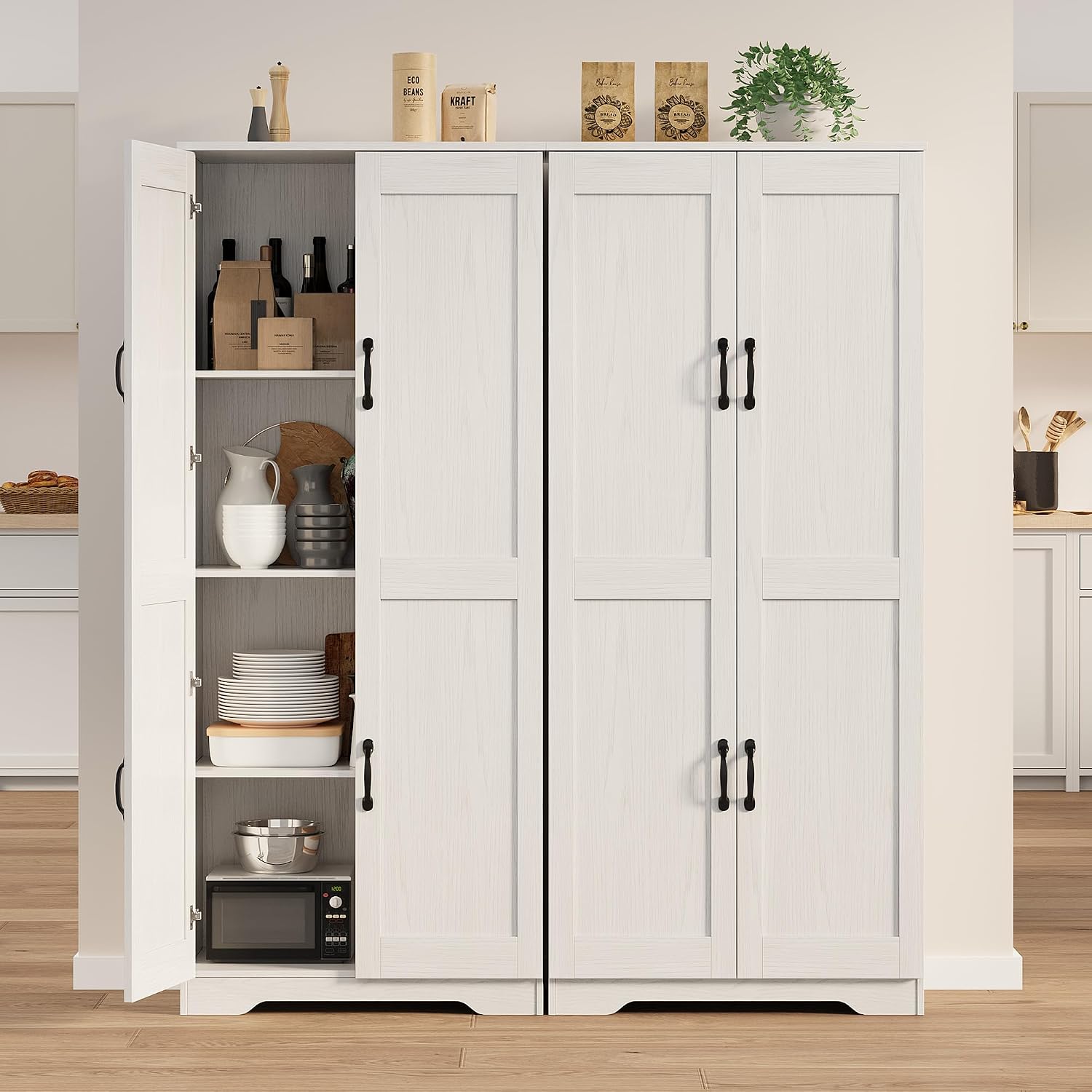 IDEALHOUSE Tall Pantry Cabinet, 60' Kitchen Pantry Storage Cabinet with 2 Doors and Adjustable Shelves, Freestanding Kitchen Cabinet, Cupboard for Dining Room, Bathroom, Living Room, White