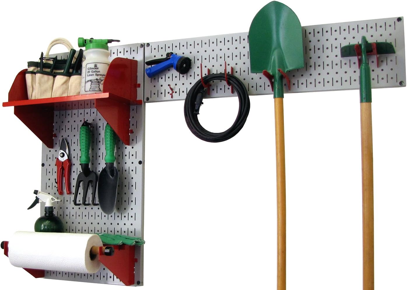 Wall Control Pegboard Garden Supplies Storage and Organization Garden Tool Organizer Kit with Gray Pegboard and Red Accessories