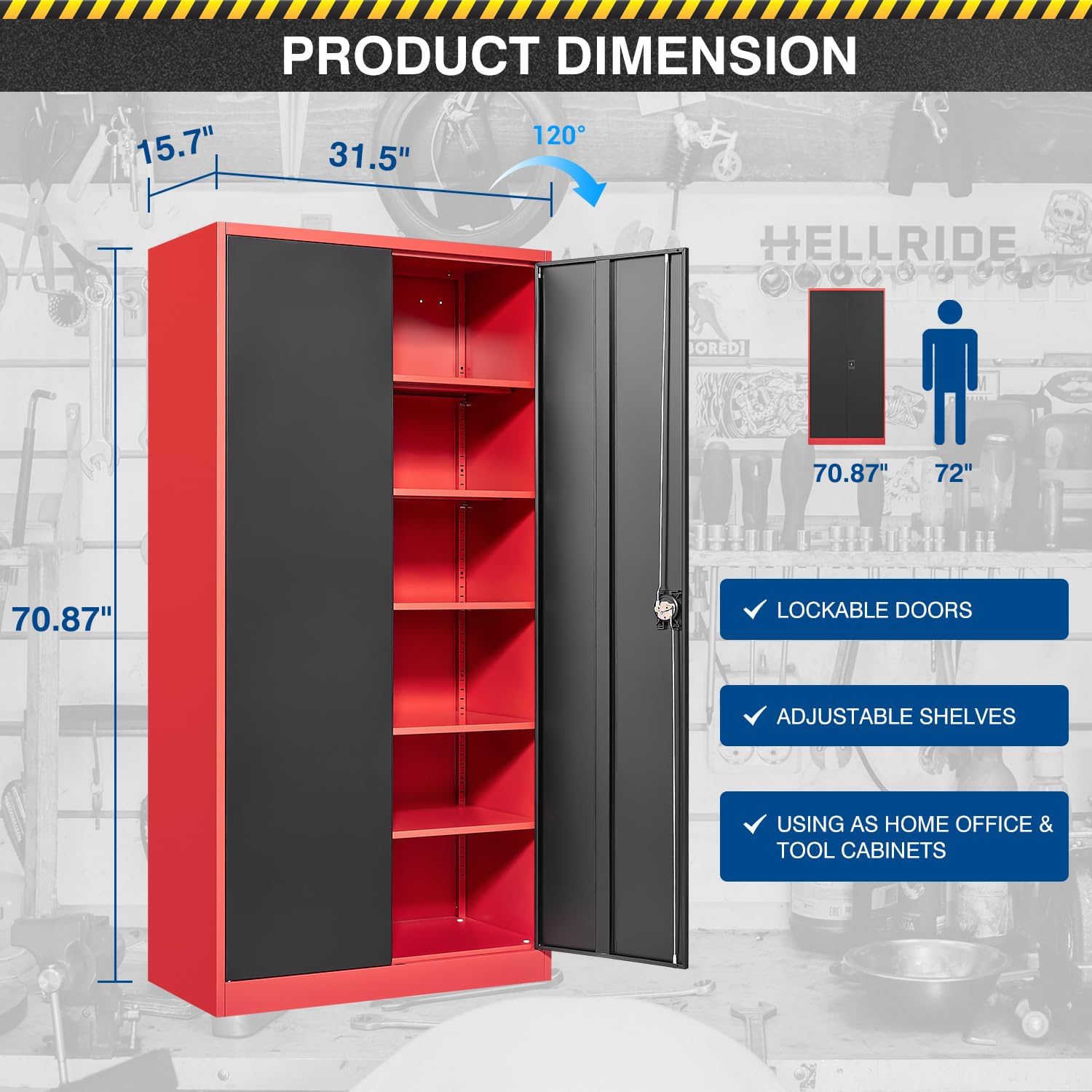 Fesbos Metal Storage Cabinet-71' Tall Steel File Cabinets with Lockable Doors and Adjustable Shelves-Black&Red Steel Storage Cabinet for Home,Kitchen, School, Office, Garage