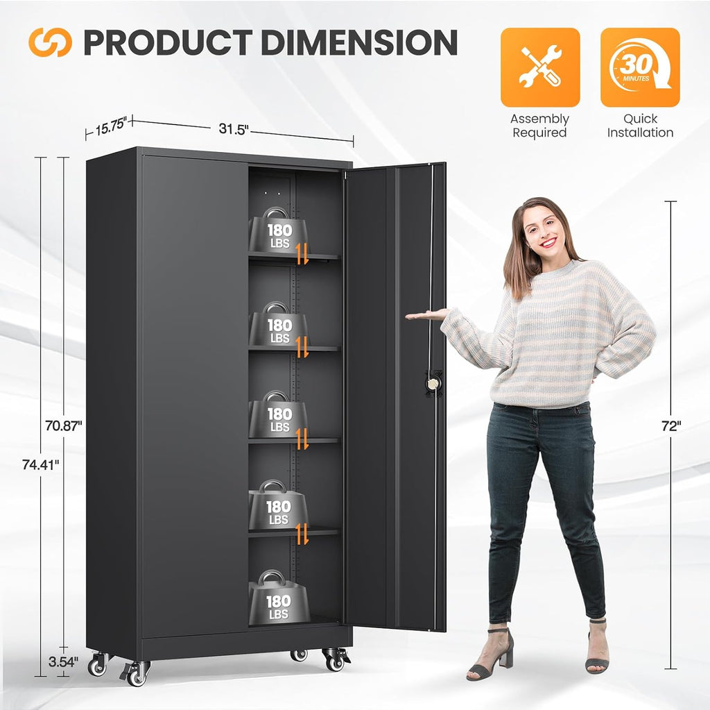 Metal Garage Storage Cabinets with Wheels, Rolling Tool Cabinet with Lock, Locking Garage Caninet on Wheels with Shelves, Steel 2 Door Tall Tool Cabnets for Workshop/Home/Office - (Black 75'H)