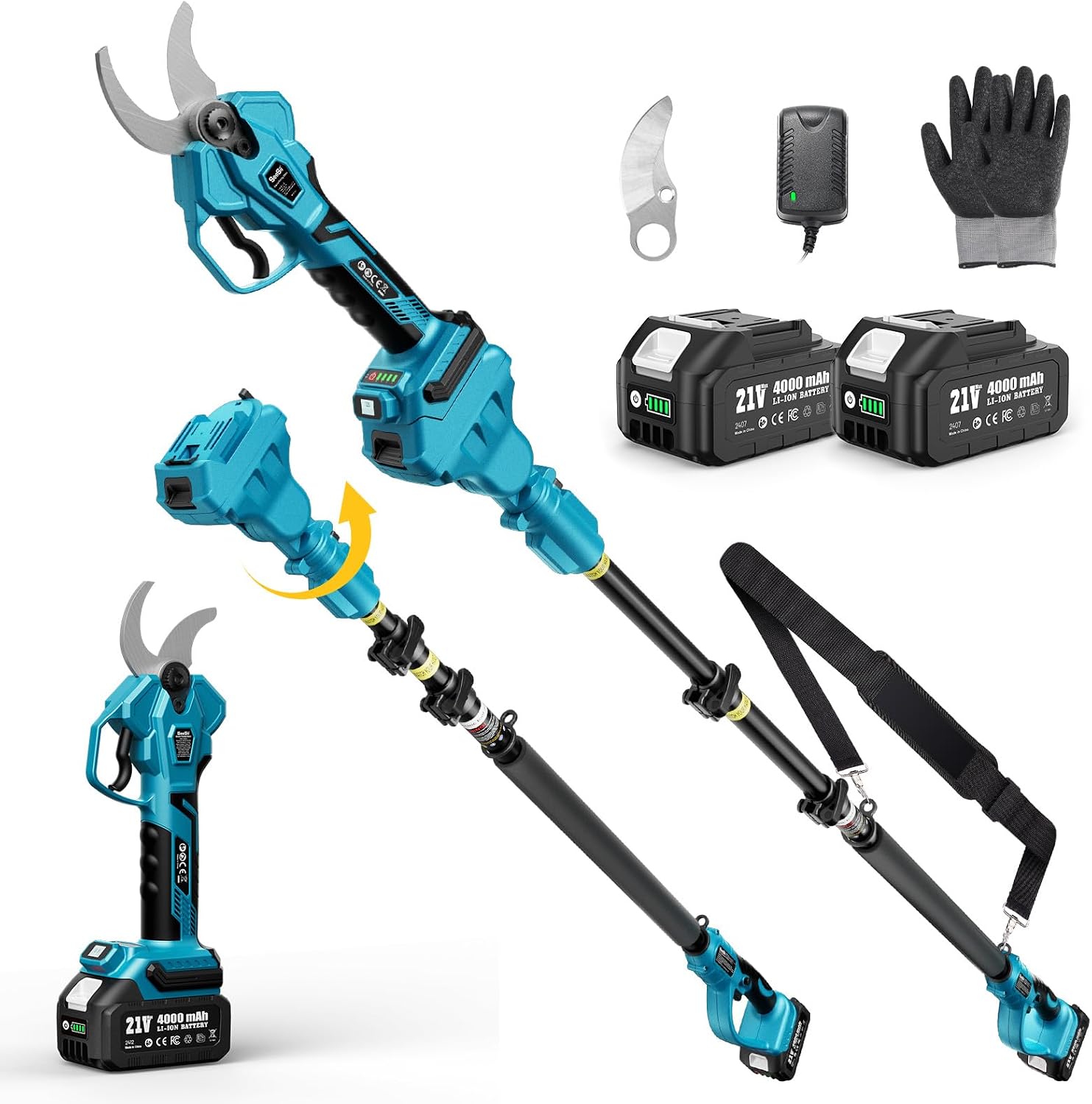 SEESII Pole Electric Pruning Shears: 1.8' Cutting Diameter 2-in-1 Cordless Power Pruner - Brushless Motor, Dual 4.0Ah Batteries, Extra SK5 Blade, 4 Modes Adjustable Branch Cutter for Garden Trimming