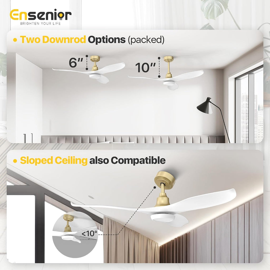 Ensenior Ceiling Fan with Light White and Gold, 52 Inch Ceiling Fans with Lights and Remote, 3 ABS Blades, Quiet Reversible DC Motor, 6-Speed, Dimmable 3CCT LED with Memory, Modern Fan for Living Room