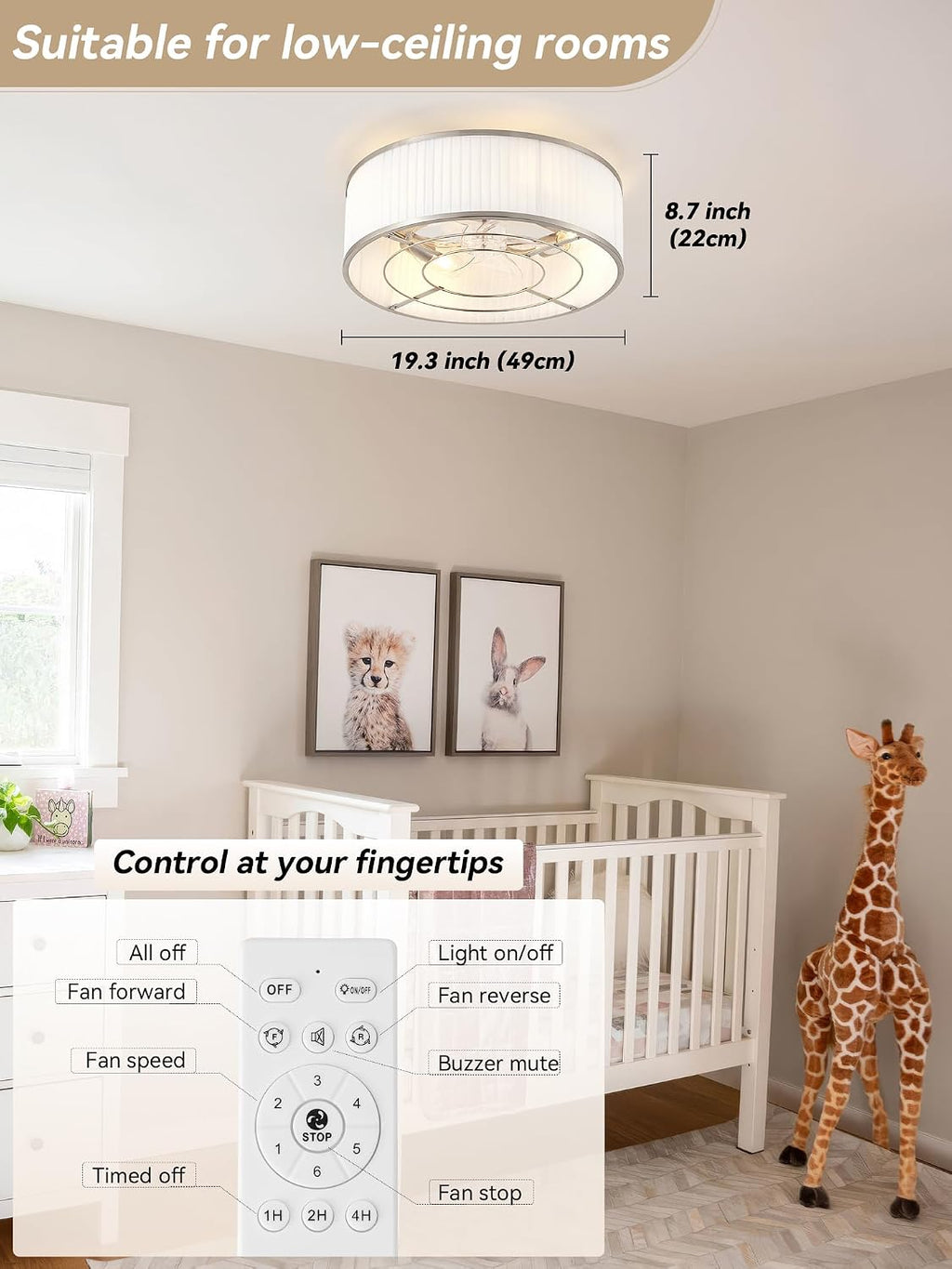 Boho Ceiling Fan with Light Flush Mount, 20' Caged Ceiling Fan with Light Remote Control Silver, Low Profile Ceiling Fans Bladeless Chrome 6 Speeds for Bedroom, Living Room, Nursery