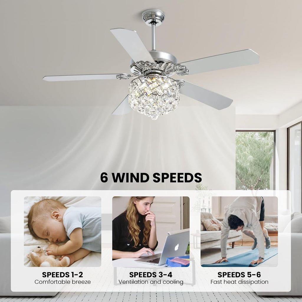 52' Crystal Ceiling Fan with Light Dimmable LED Chandelier Ceiling Fan Modern Reversible Fandelier Light Fixture with Remote for Bedroom Dining Room Living Room Chrome