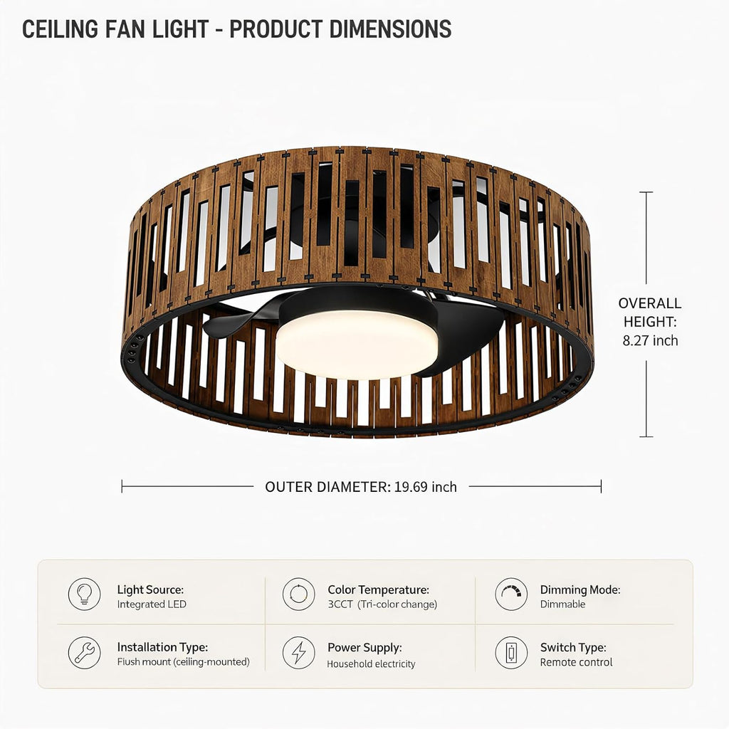 Ceiling Fans with Lights and Remote, 20'' Low Profile Flush Mount Ceiling Fan, 3000–6000K Dimmable LED Fandelier, Bladeless Wood Fan Light for Bedroom, Kitchen, Living Room, Diningroom，Foyer，Nursery