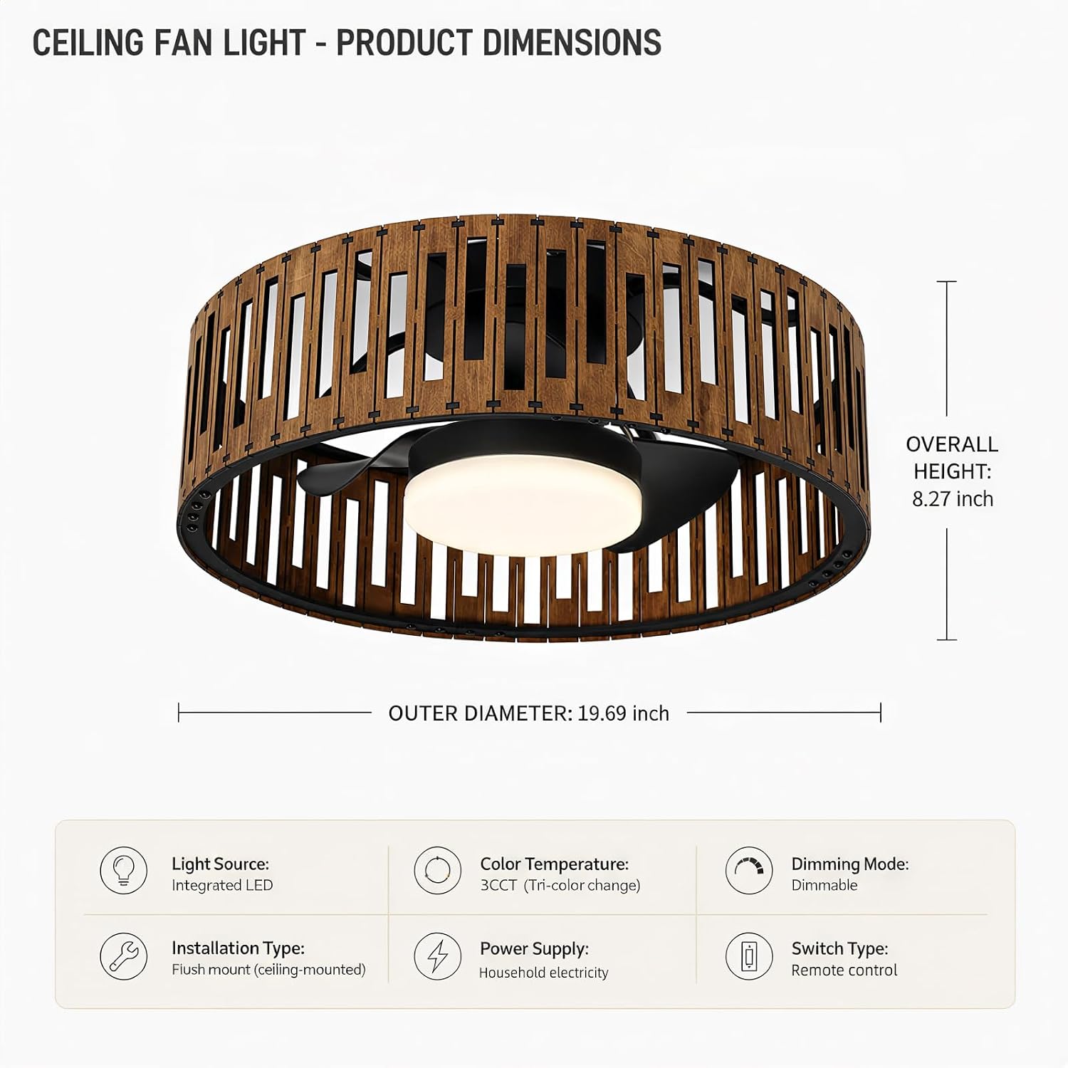 Ceiling Fans with Lights and Remote, 20'' Low Profile Flush Mount Ceiling Fan, 3000–6000K Dimmable LED Fandelier, Bladeless Wood Fan Light for Bedroom, Kitchen, Living Room, Diningroom，Foyer，Nursery