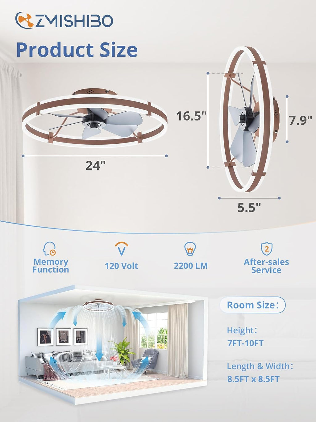 ZMISHIBO 24 Inch Ceiling Fans with Lights and Remote, Modern Low Profile Ceiling Fan, 3000-6000K Dimmable Flush Mount LED Fan Light, 6 Wind Speeds, Fandelier Ceiling Fans for Bedroom- Brown