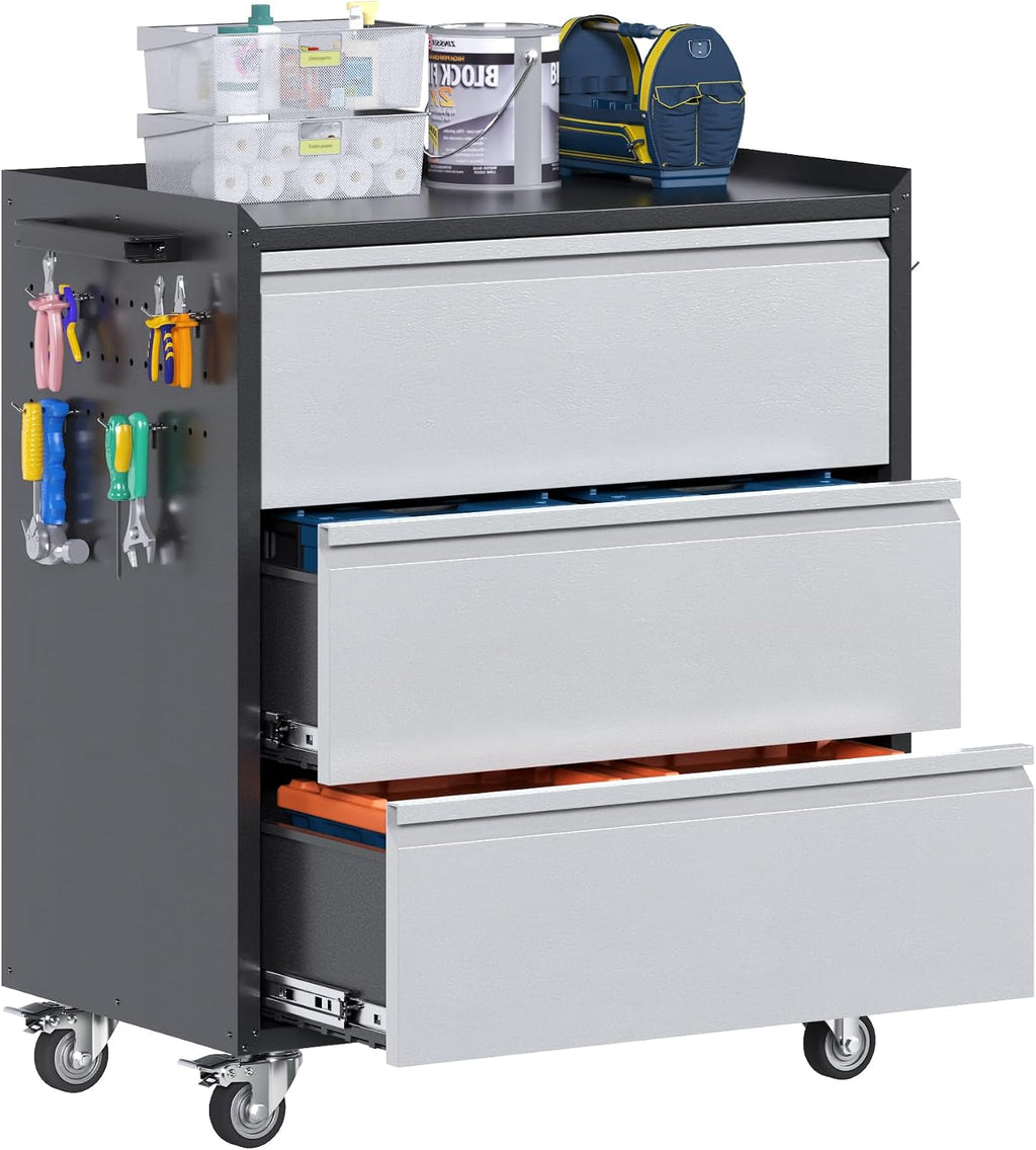 Aobabo Metal Rolling Tool Storage Cabinet with Drawers, Side Pegboards, Left Handle, Lockable Casters, Garage Workshop Utility Cart, 18.11 D x 30.3 W x 35.4 H Inches,Assembly Required