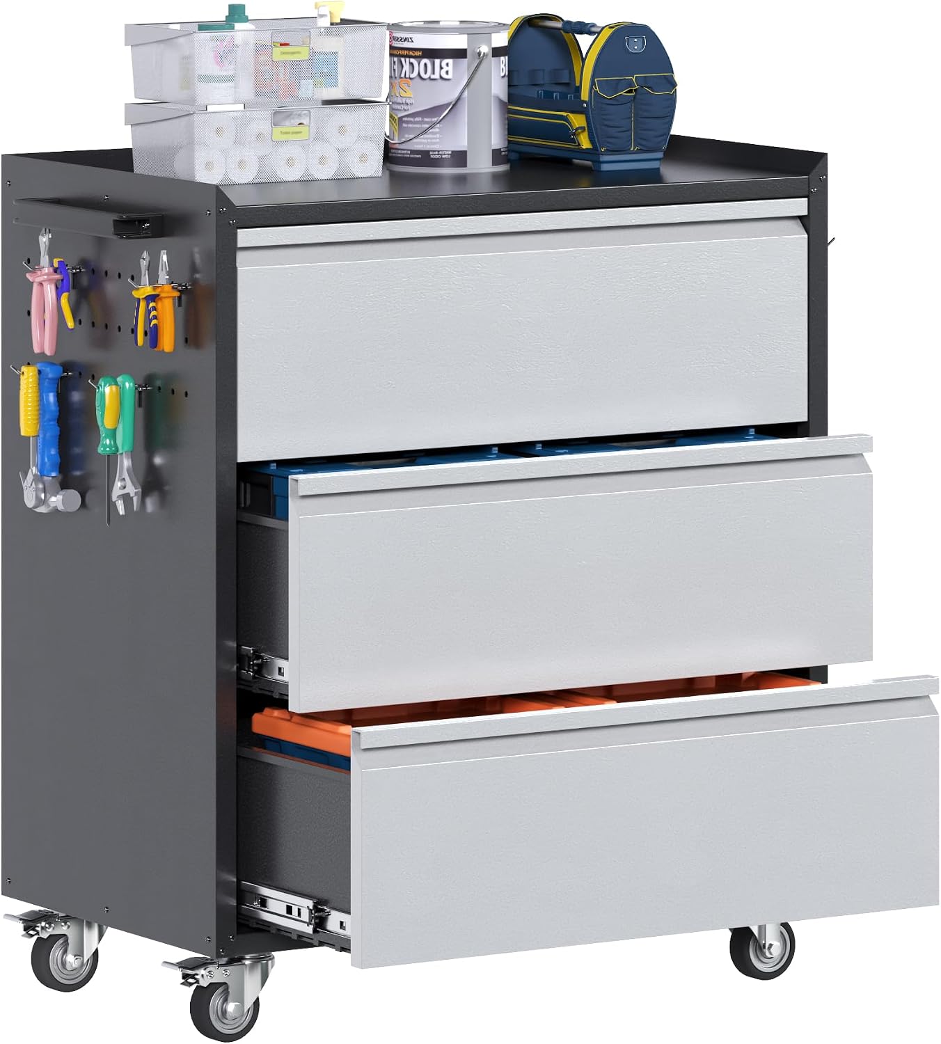 Aobabo Metal Rolling Tool Storage Cabinet with Drawers, Side Pegboards, Left Handle, Lockable Casters, Garage Workshop Utility Cart, 18.11 D x 30.3 W x 35.4 H Inches,Assembly Required