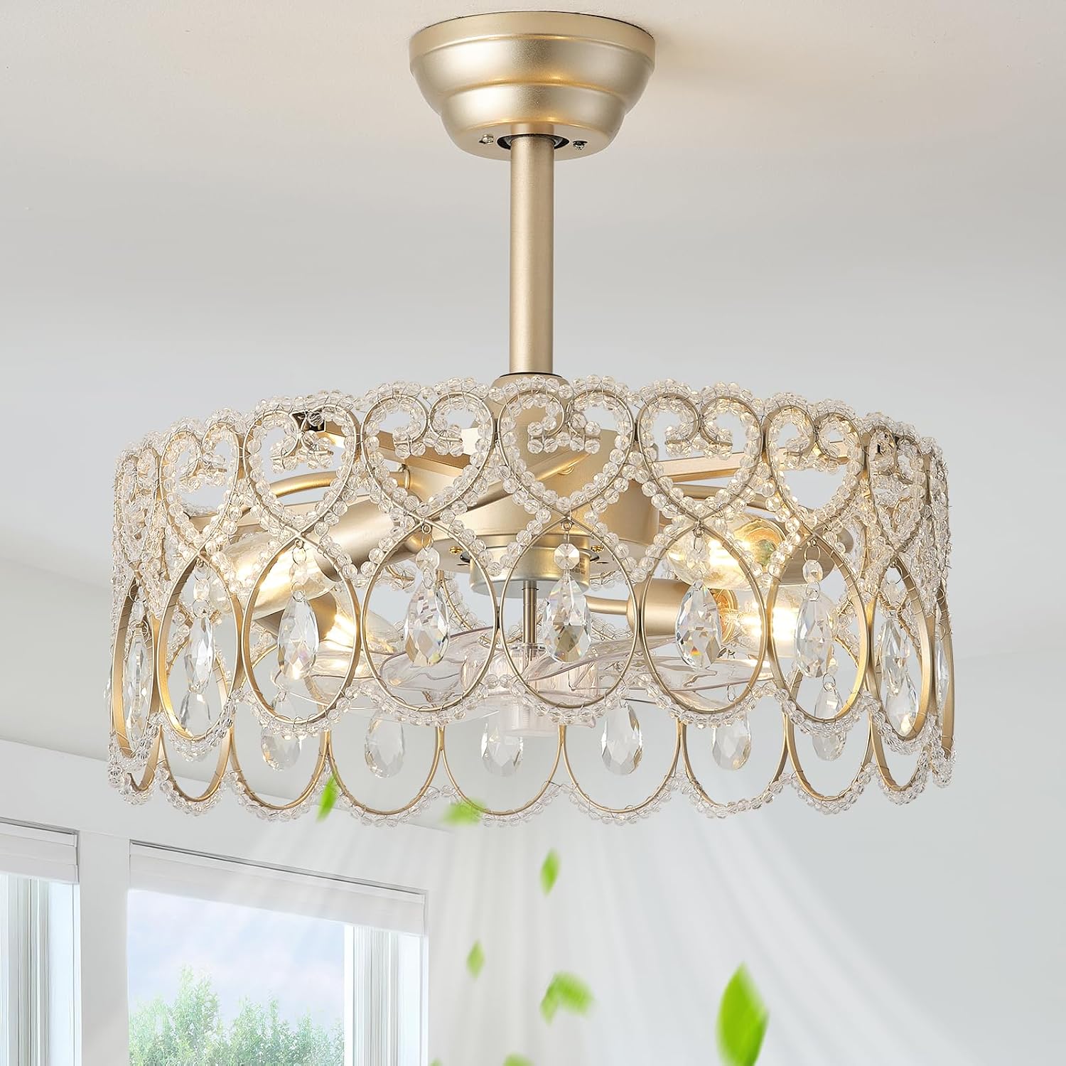 SYDACG 20' Gold Crystal Fandelier Ceiling Fans with Lights, Gold Chandelier Ceiling Fan with Light Remote Control, Mid-Century Modern Caged 6 Speeds for Bedroom, Nursery, Foyer, Living Room
