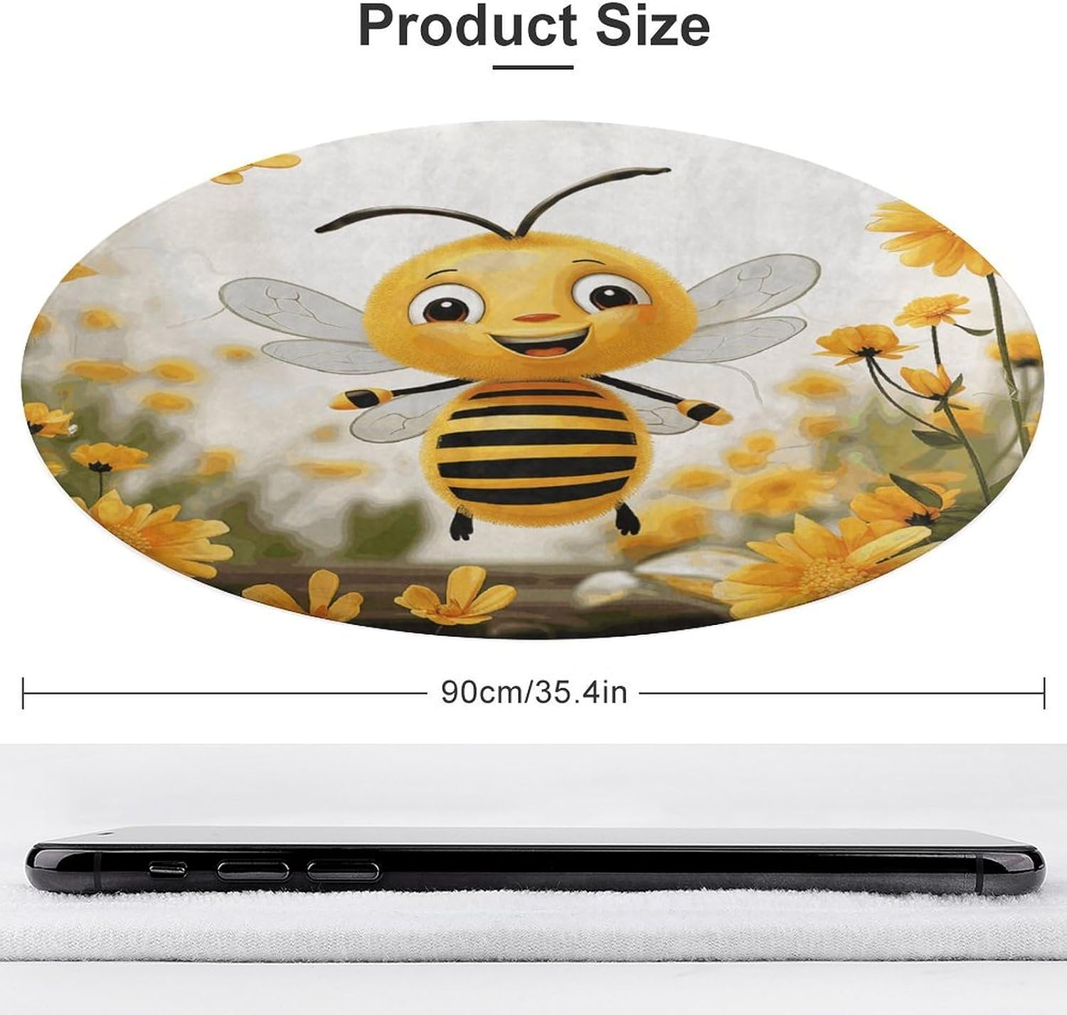 Cute Bees Daisy Flower Coral Velvet Round Floor Mat Non-Slip Bath Rug Floor Covering for Bathroom Vanity Guest Suite & Vacation Home