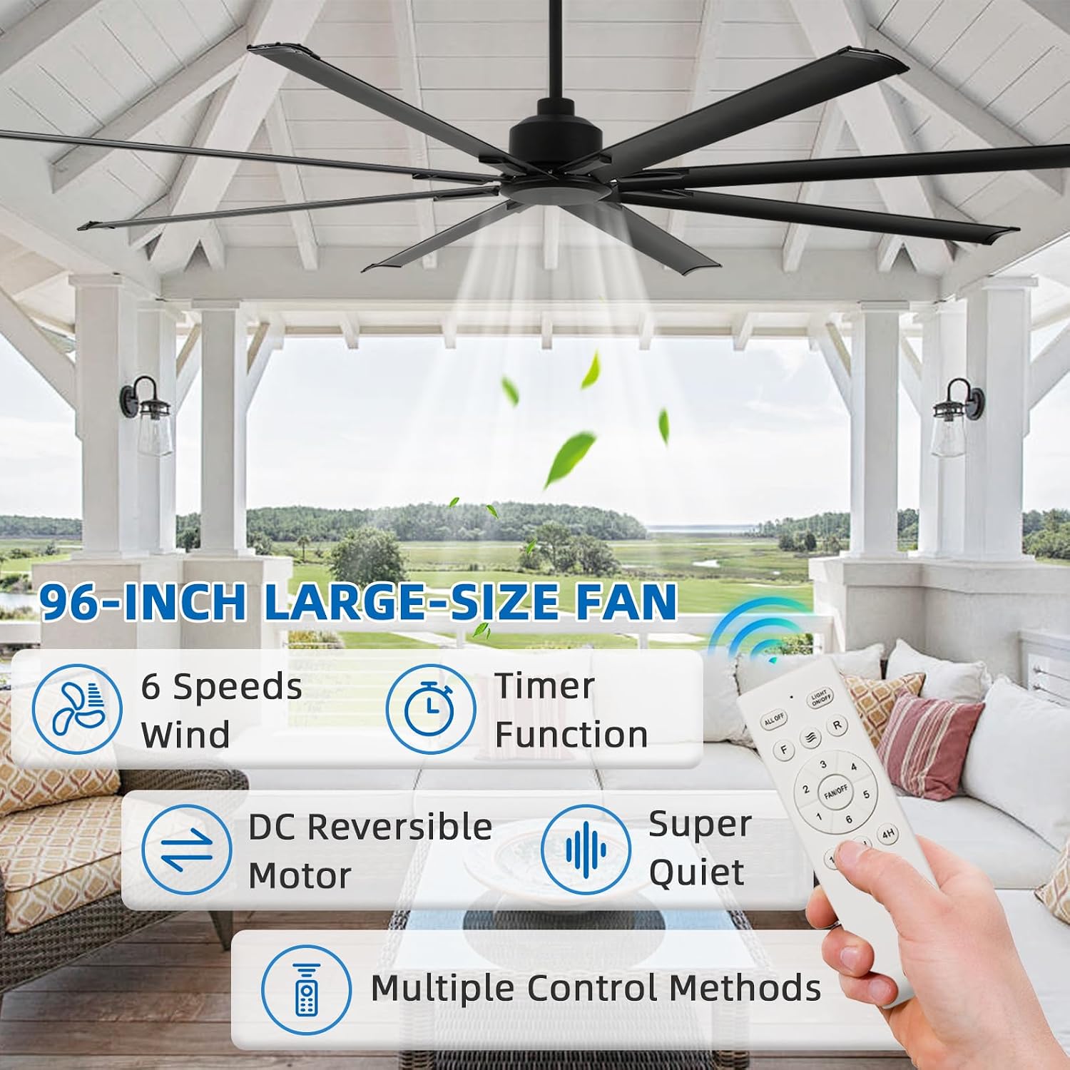 YYEHON 96 Inch Large Industrial Ceiling Fan no Lights, Reversible DC Motor, 3 Downrods, 6 Speed Remote Control, 8 Aluminum Blades, Outdoor Black Fans for Shop/Gym/Warehouse/Garage