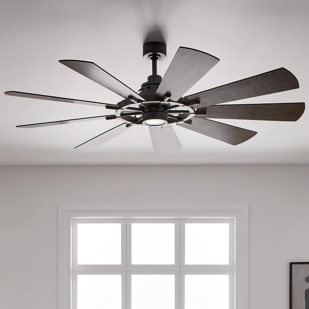 Kichler Gentry XL 65' Ceiling Fan with Lights, 1-Light LED, 3000K, 9-Blade Modern Industrial Fan for Bedroom in Anvil Iron, (65' W x 16.5' H), 300265AVI