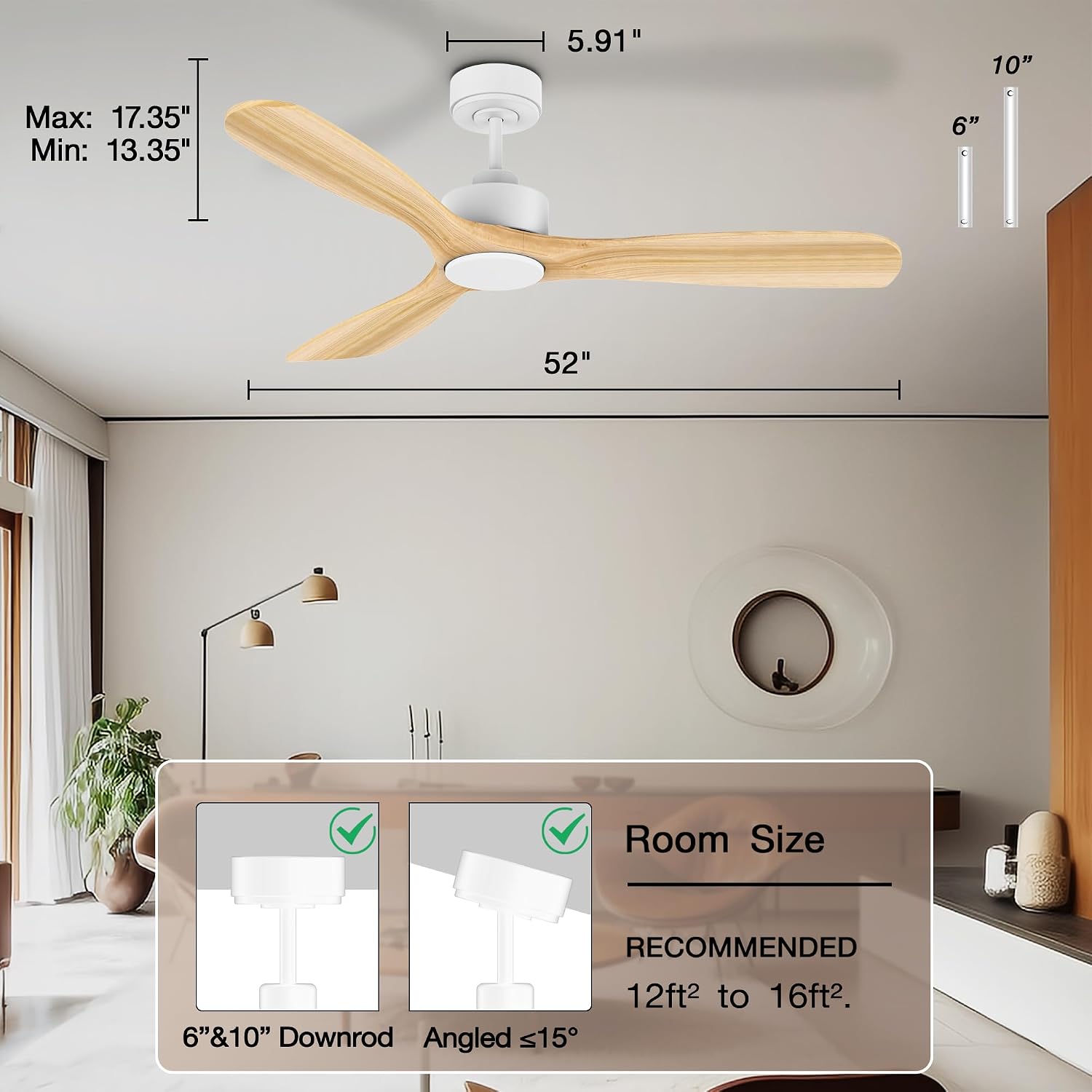 Hoenofly 52' Wood Smart Ceiling Fans with Lights Remote,Quiet DC Motor,Outdoor Indoor Ceiling Fan,Voice Control via WIFI Alexa App,Dimmable,Modern Light Wood Ceiling Fan for Bedroom Patio Porch