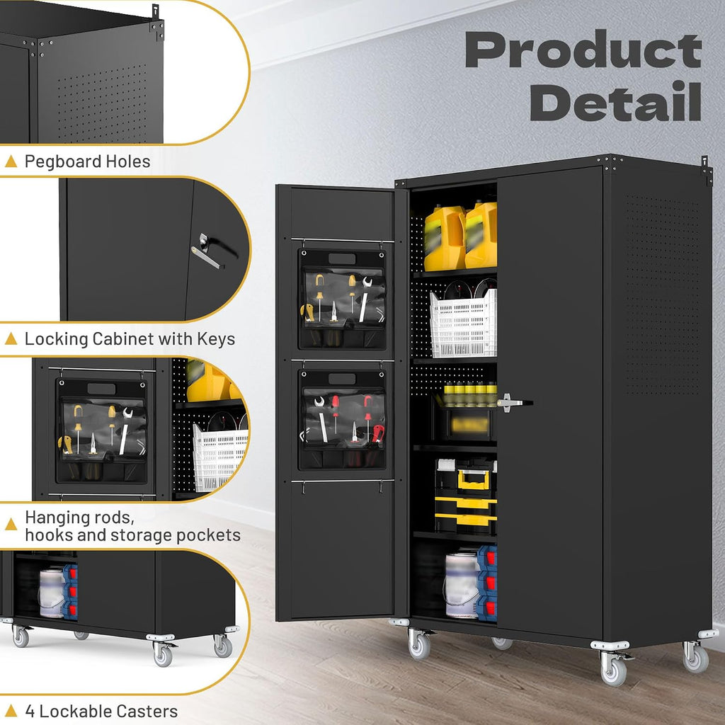 biosp 72' H Wide & Deep Garage Storage Cabinet with Wheels & Pegboards, Metal Storage Cabinet with Locking Door & Adjustable Shelves, Rolling Tool Cabinet for Garage, Shop, Office, 72'x43'x22'