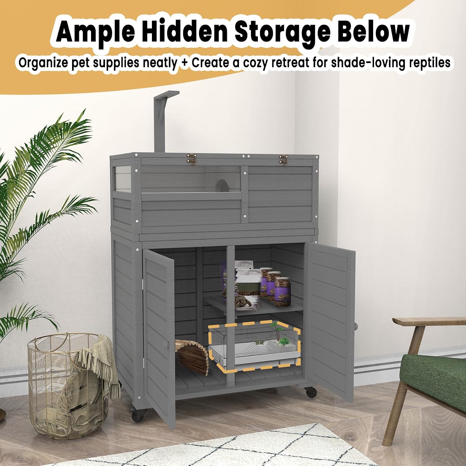 Wooden Tortoise Habitat with Storage and Wheels, Large Turtle Enclosure Cage with Lamp Holder & Easy-Clean Tray, Tortoise Enclosure Indoor & Outdoor, Reptile Enclosure with for Gecko, Lizard, Snake