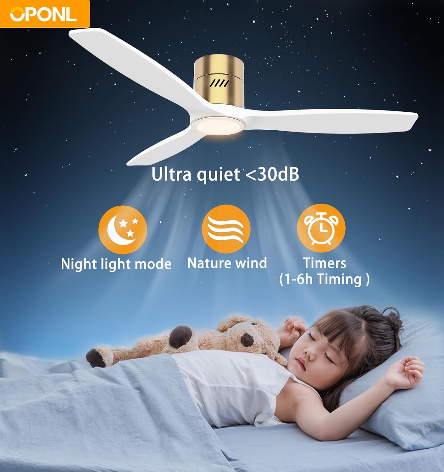 OPONL 52 Inch Natural Wood White Ceiling Fan with Light, Remote Control, Noiseless,Reversible, 6CCT, Dimmable, Timeable, Flush Mount Ceiling Fans with Lights for Bedroom,Indoor/Outdoor Use