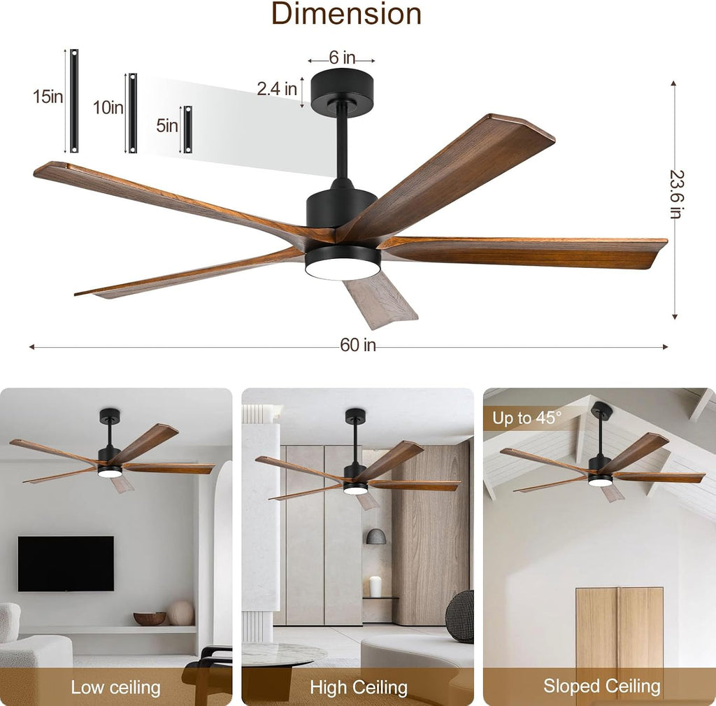 heimo 60 Inch Ceiling Fans with Lights and Remote, Wood Indoor Outdoor Ceiling Fan with Light for Patios Living Room Bedroom 5 Blades Large Mid Century Modern Ceiling Fan (Walnut)