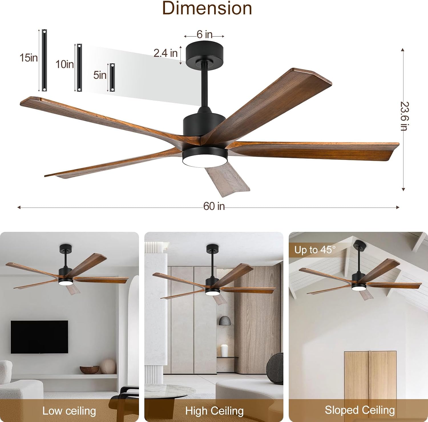 heimo 60 Inch Ceiling Fans with Lights and Remote, Wood Indoor Outdoor Ceiling Fan with Light for Patios Living Room Bedroom 5 Blades Large Mid Century Modern Ceiling Fan (Walnut)