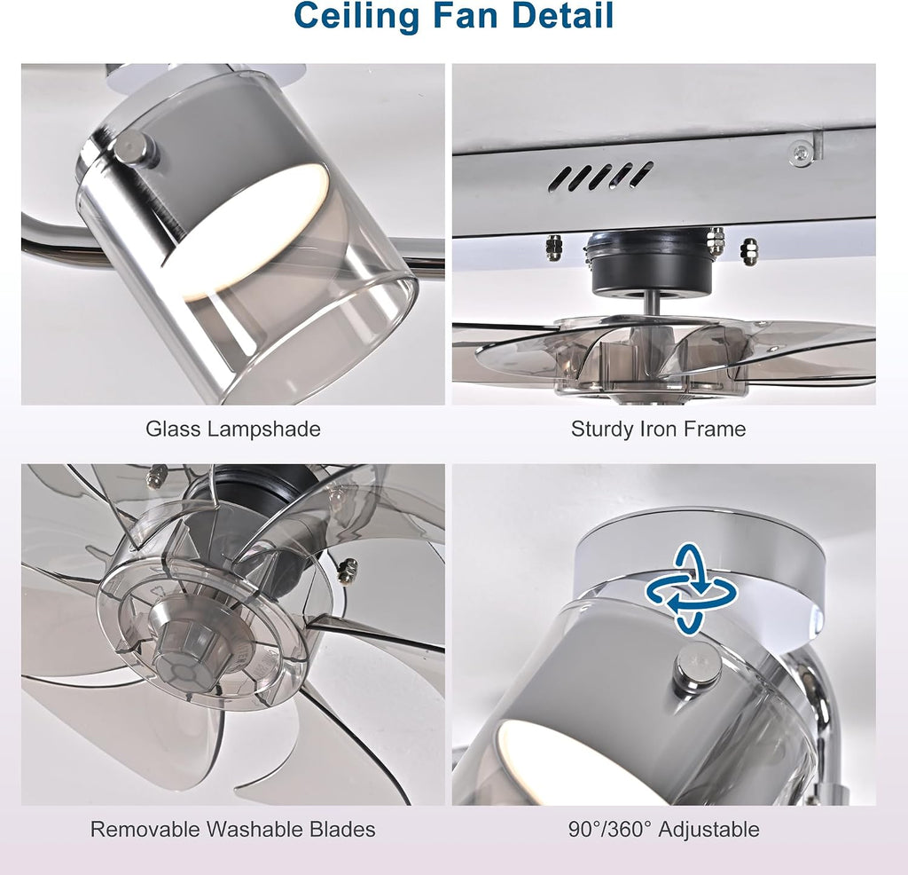 Qcyuui Ceiling Fans with Lights and Remote,39.4' Low Profile Ceiling Fan Dimmable Fandelier Ceiling Fan with Light 360° Rotatable Lightheads Modern Flush Mount LED Fan Light for Bedroom Kitchen
