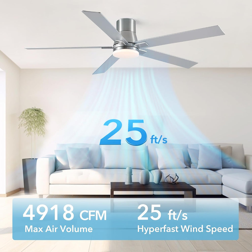 60 Inch Flush Mount Brushed Nickel Ceiling Fans with Lights and Remote | 6 Speed Reversible DC motor,3-color temperature dimmable LED.For indoor/covered outdoor.Modern style for bedroom room