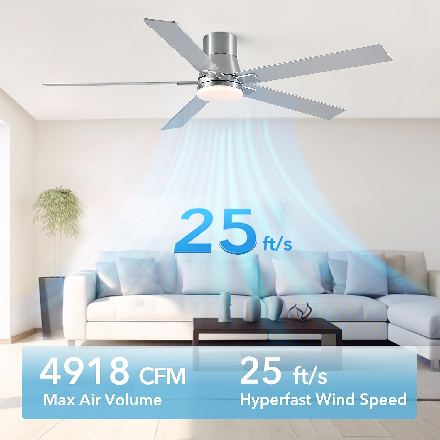 60 Inch Flush Mount Brushed Nickel Ceiling Fans with Lights and Remote | 6 Speed Reversible DC motor,3-color temperature dimmable LED.For indoor/covered outdoor.Modern style for bedroom room