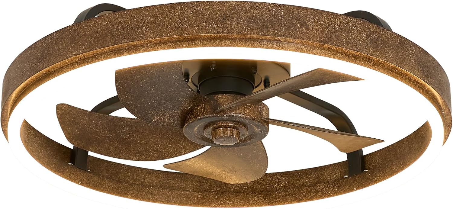 20 Inch Low Profile Farmhouse Ceiling Fan with Dimmable LED & Remote | Rustic Wood Fandelier, Vintage Flush Mount Ceiling Fan, Smart Remote & APP Control, Dimmable LED, 6 Speed, Reversible Blades