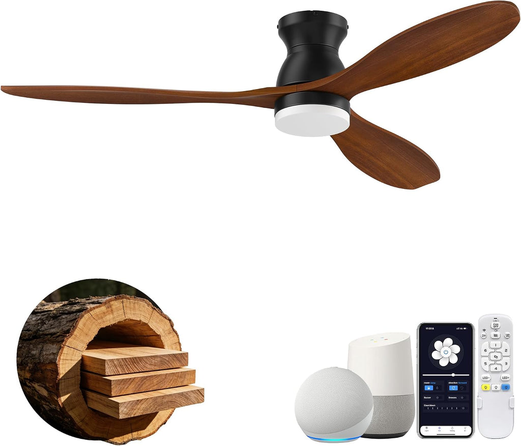 52' Wood Ceiling Fans with Lights Remote,Smart Control via Alexa APP,Quiet DC Motor,Flush Mount Ceiling Fan for Low Profile Living Room,Patio,Indoor Outdoor,Black&Walnut Brown,3 Blade,6 Speed,Dim LED