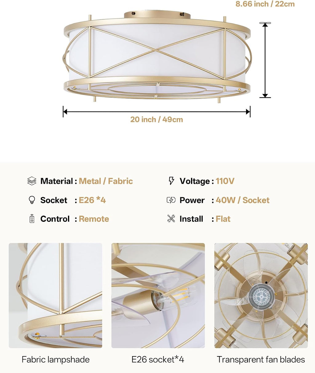 Gold Flush Mount Boho Ceiling Fan with Lights, 20' Caged Rattan Ceiling Fans with Light and Remote, Enclosed with 6 Speeds for Living Room, Bedroom, Nursery