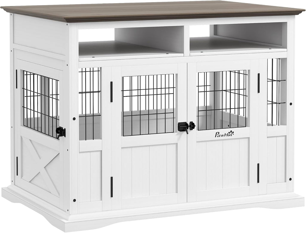 PawHut Dog Crate Furniture Side End Table with Storage, 41' Modern Wooden Dog Kennel Furniture with Double Doors for Small and Medium Dogs, White