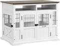 PawHut Dog Crate Furniture Side End Table with Storage, 41' Modern Wooden Dog Kennel Furniture with Double Doors for Small and Medium Dogs, White