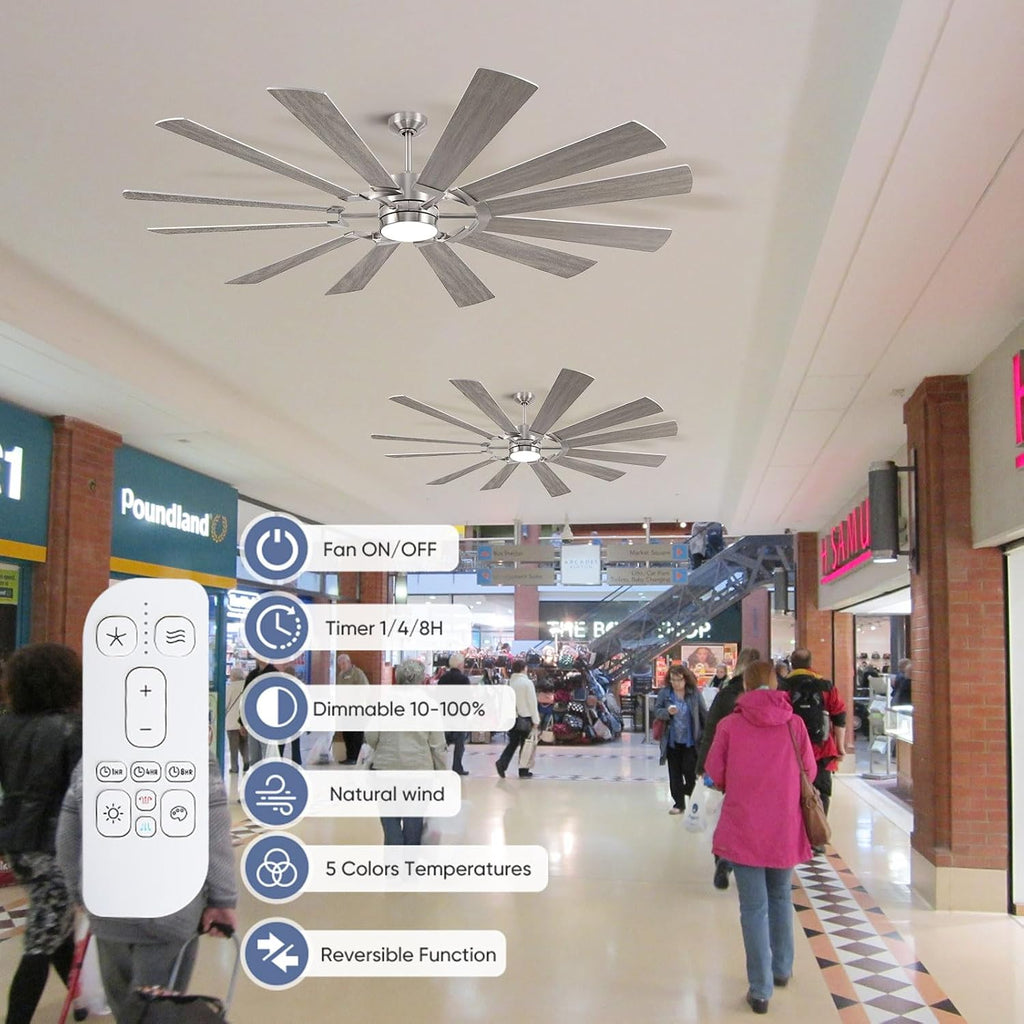 72' Outdoor Ceiling Fan with Light Remote, 12 Blade Large Modern Industrial Ceiling Fan with Dimmable Light High CFM Quiet Energy Efficient DC Motor, for Indoor Exterior Home Commercial, Silver+Oak
