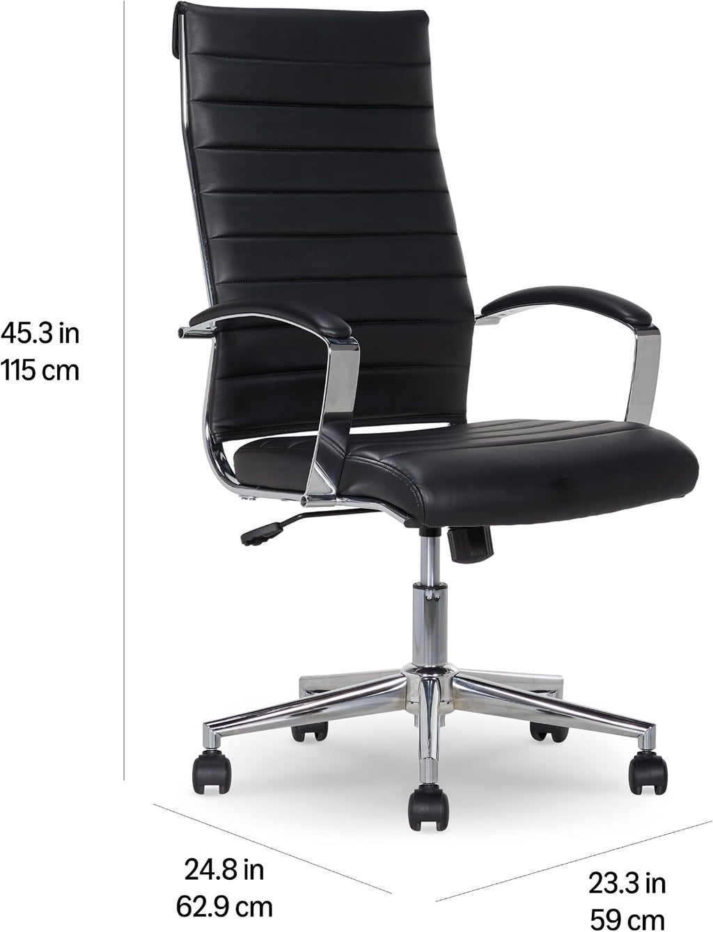 Amazon Basics High-Back Swivel Office Chair with Lumbar Support, Ergonomic Ribbed Faux Leather, Adjustable Height, 45.25' x 24.75' x 23.25', Black