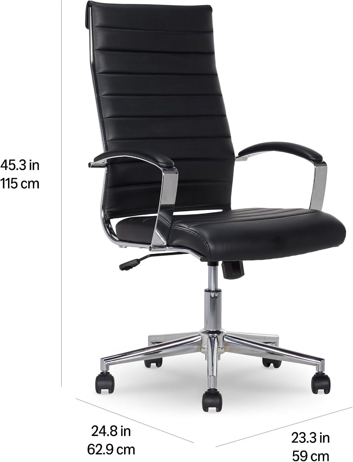 Amazon Basics High-Back Swivel Office Chair with Lumbar Support, Ergonomic Ribbed Faux Leather, Adjustable Height, 45.25' x 24.75' x 23.25', Black