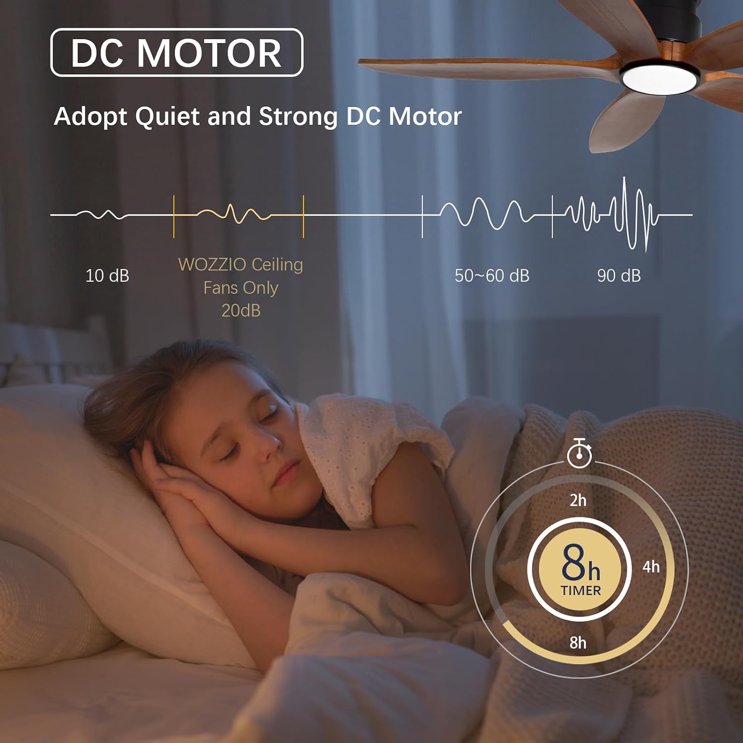 Ceiling Fan with Lights, 52Inch Flush Mount Ceiling Fan with Remote Control, 5 Wood Blades, DC Motor,3CCT,Walnut Wooden Ceiling Fans for Bedroom, Living Room, Home Office,Indoor