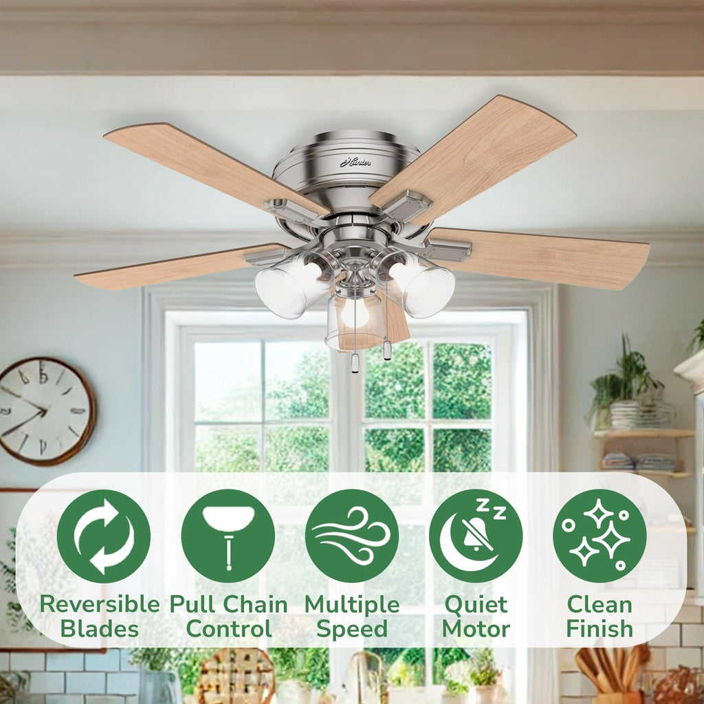 Hunter 42 inch Indoor Ceiling Fan with LED Lights and Pull Chain - Low Profile Flush Mount Ceiling Fan, 5 Blades, For Bedroom, Living Room, or Kitchen, Quiet - Crestfield 52154, Brushed Nickel