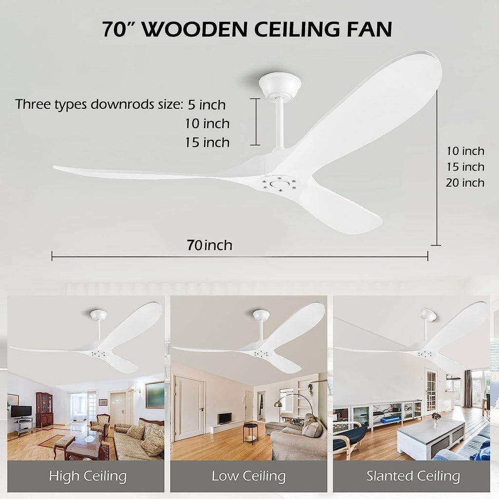 72 Inch White Ceiling Fan No Light ，Wood Outdoor Ceiling Fans for Patios Living Room Garage Kitchen Mid Century Modern Exterior Extra Large Ceiling Fan Without Light with Downrod
