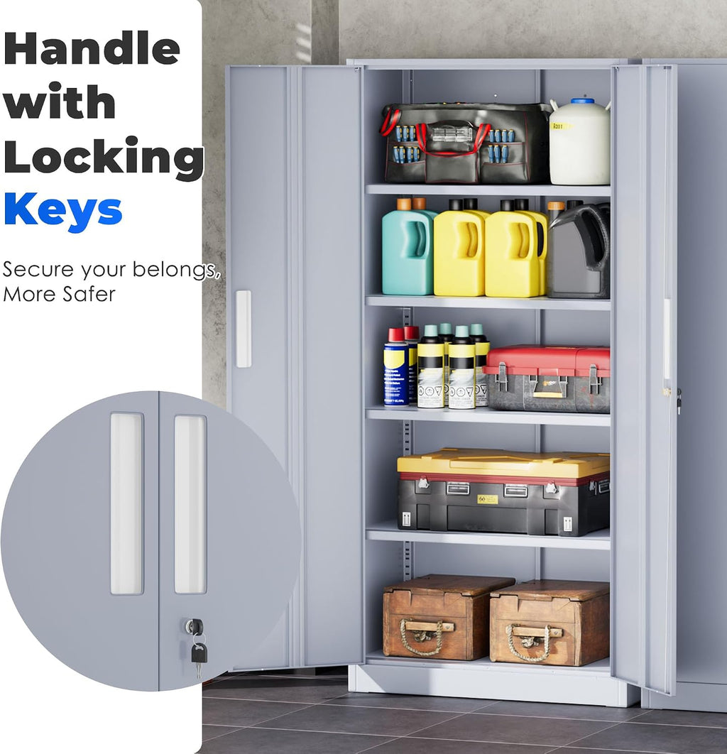 INTERGREAT Garage Storage Cabinet with Lock, 72' Metal Storage Cabinet with Locking Doors and 4 Adjustable Shelves, Lockable Tool Steel Cabinet for Home Office, School, Cement Grey