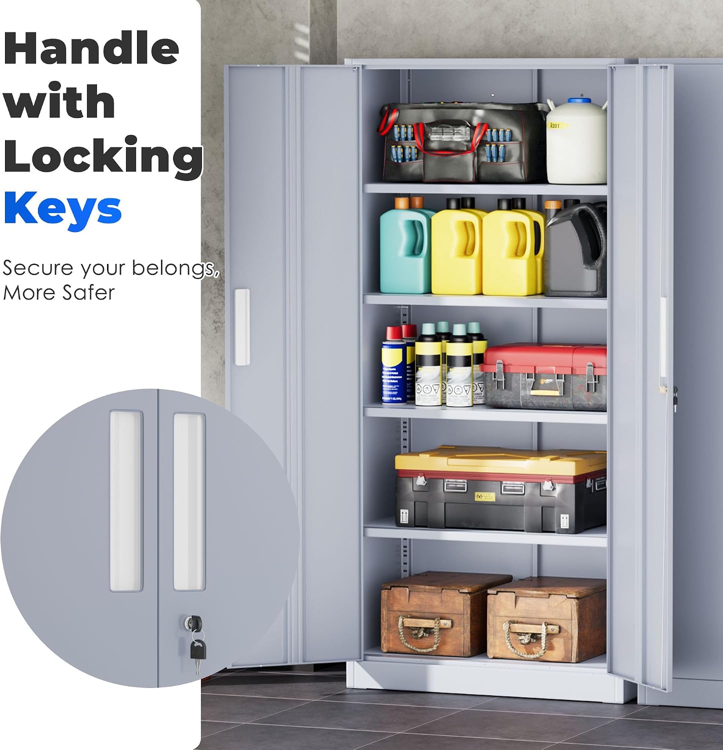 INTERGREAT Garage Storage Cabinet with Lock, 72' Metal Storage Cabinet with Locking Doors and 4 Adjustable Shelves, Lockable Tool Steel Cabinet for Home Office, School, Cement Grey