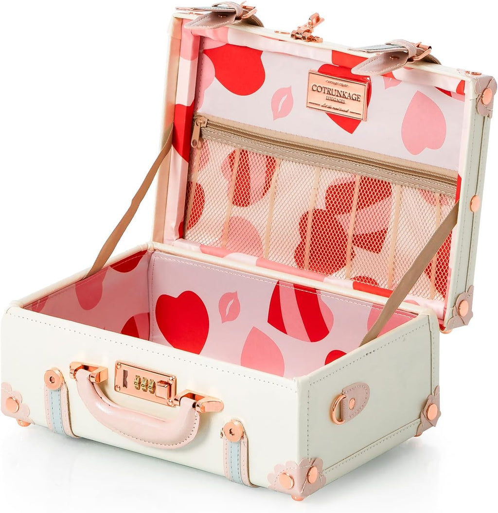 COTRUNKAGE 16' Carry On Suitcase Cute Pu Overnight Vintage Trunk Luggage Bag for Women with Strap, Cream White