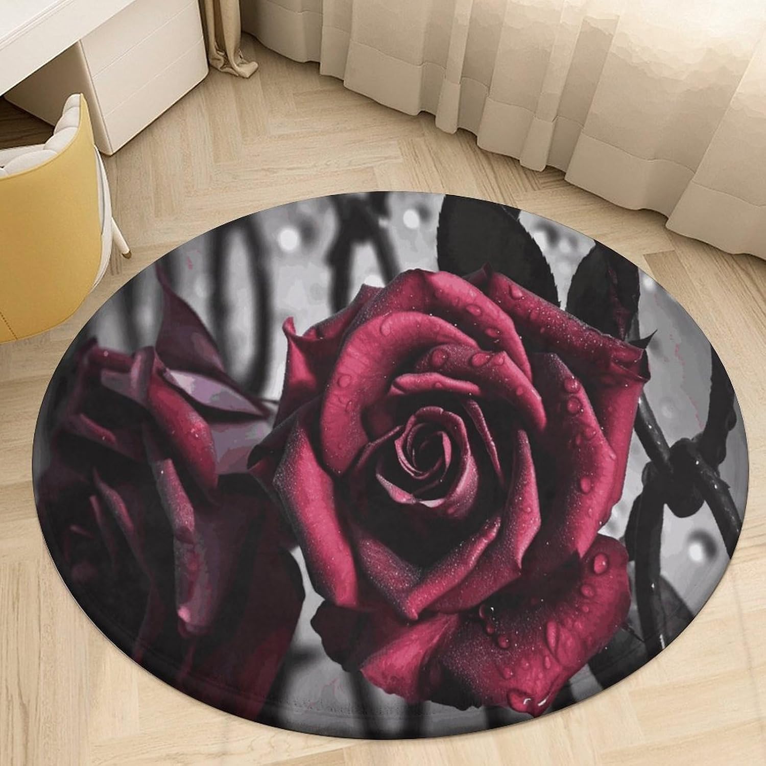 Gothic Roses Coral Velvet Round Floor Mat Non-Slip Bath Rug Floor Covering for Bathroom Vanity Guest Suite & Vacation Home