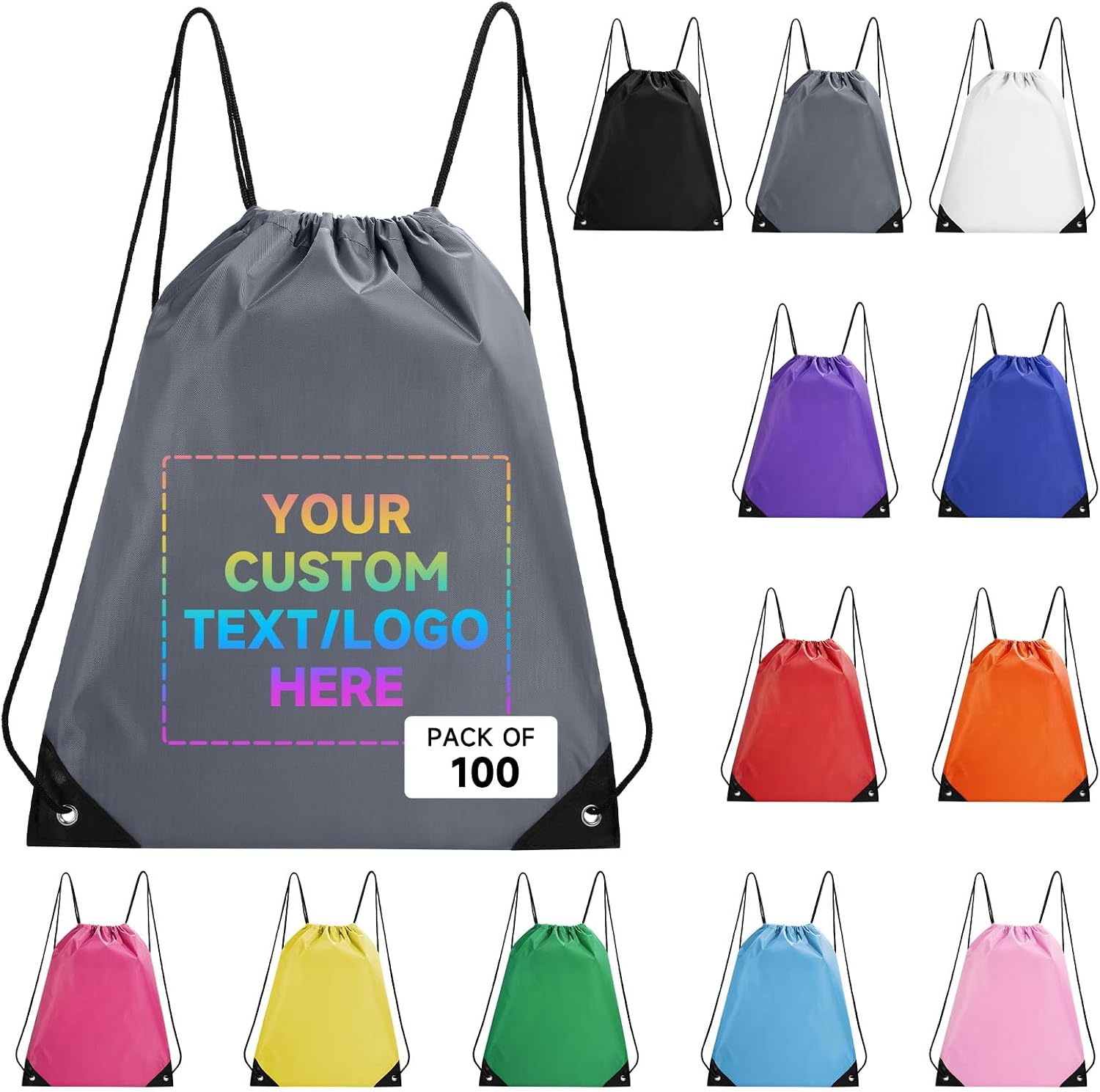 Custom Bags With Logo 100 Pack,Promotional Items Personalized Drawstring Backpack Bags Great for Gym and Everyday Use (Gray)