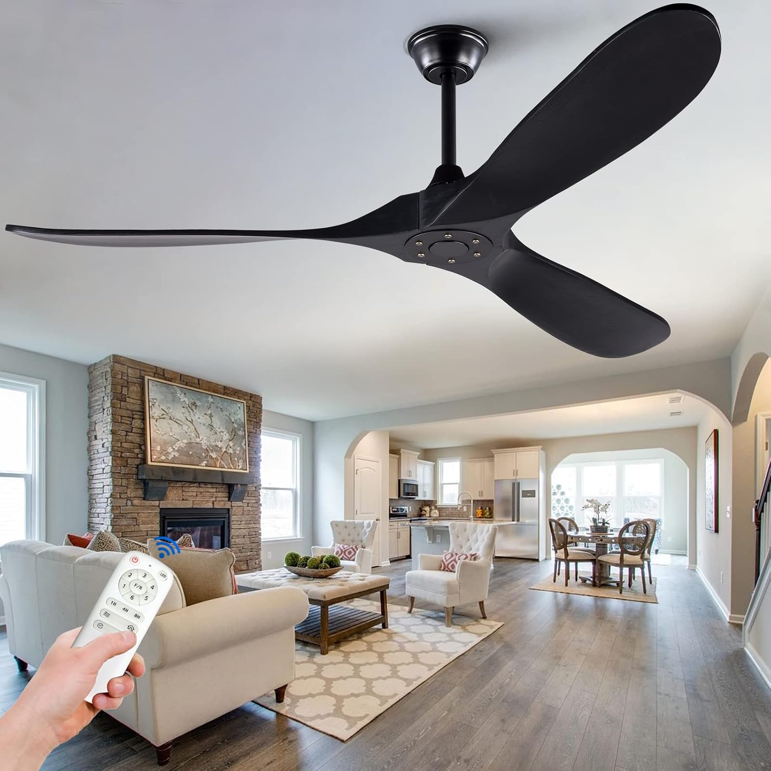 KBZZ 60 Inch Ceiling Fan no Light, Solid Wood Ceiling fan with 3 Blades, Remote Control and Reversible DC Motor, Indoor Bedroom Living Room Office Outdoor Ceiling Fans for Patio