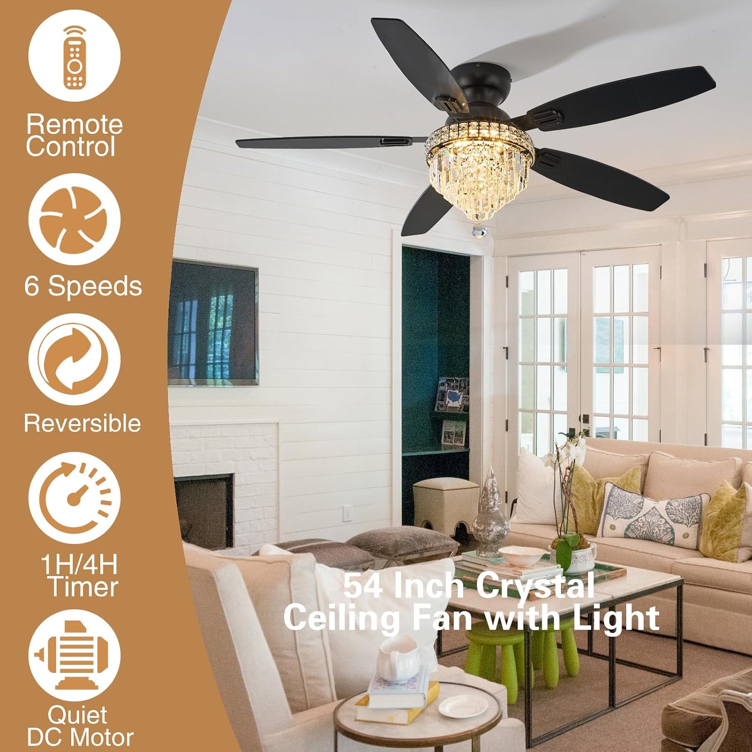 Crystal Ceiling Fan Fandelier with Lights-Ceiling Fans with Lights,54' Low Profile and Remote Control, Flush Mount, Reversible, Dimmable, Noiseless, Black Ceiling Fan for Bedroom