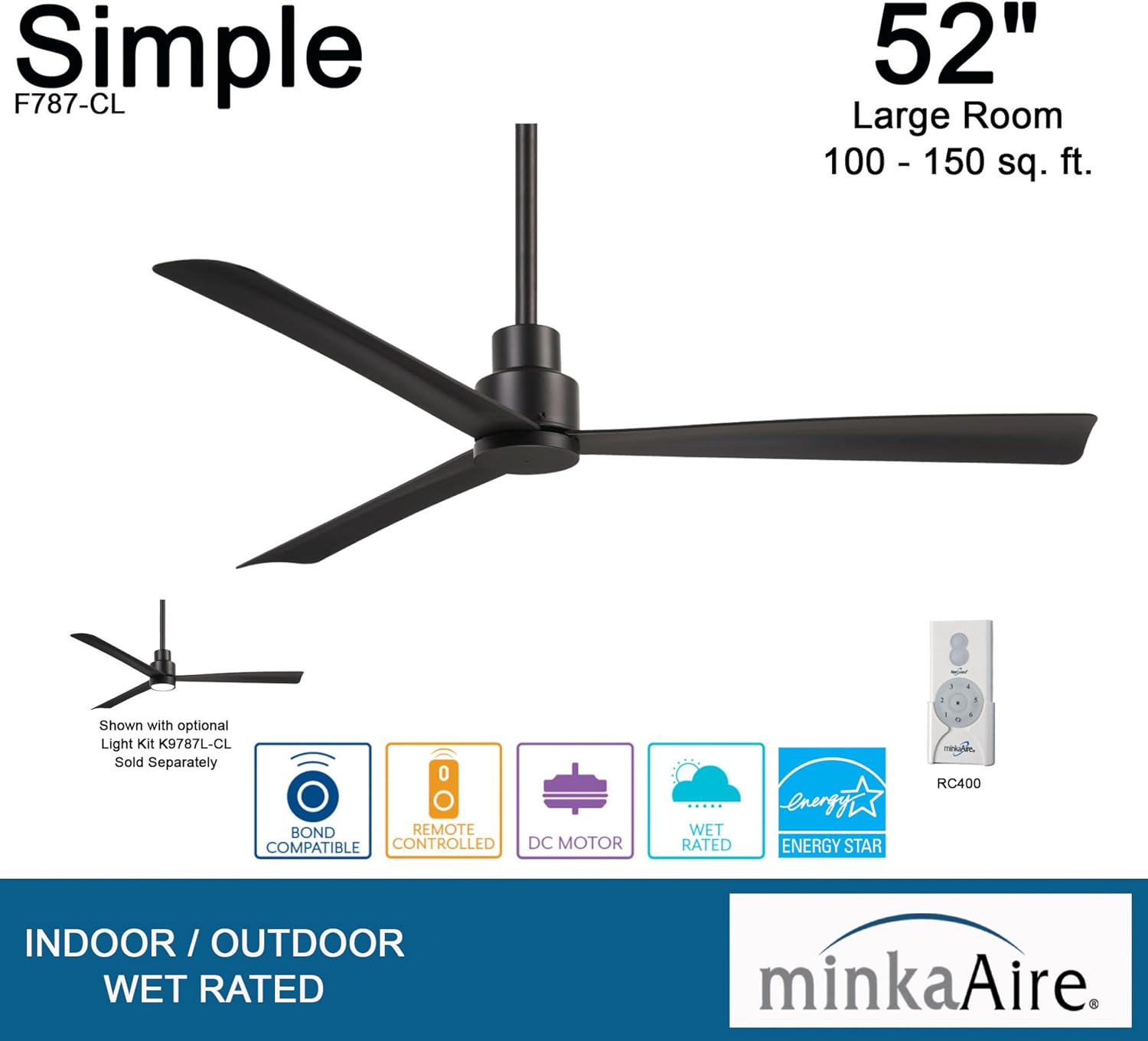 Minka-Aire F787-CL Simple 52 Inch Outdoor 3 Blade Ceiling Fan with DC Motor in Coal Finish