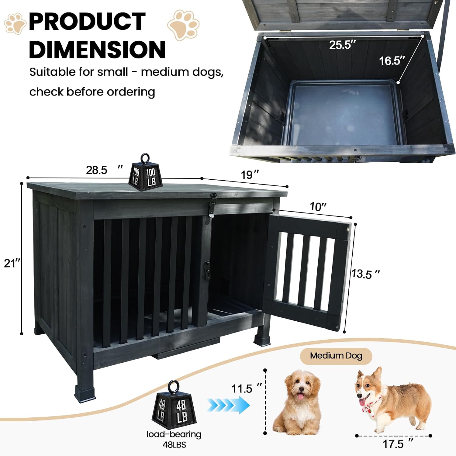 Agitree 28' Dog Crate Furniture, Fully Assembled Wooden Dog Kennel with Removable Tray, Decorative Pet Crate Dog Cage Indoor Furniture End Table, Portable Pet Cage for Small & Medium Dogs, Black