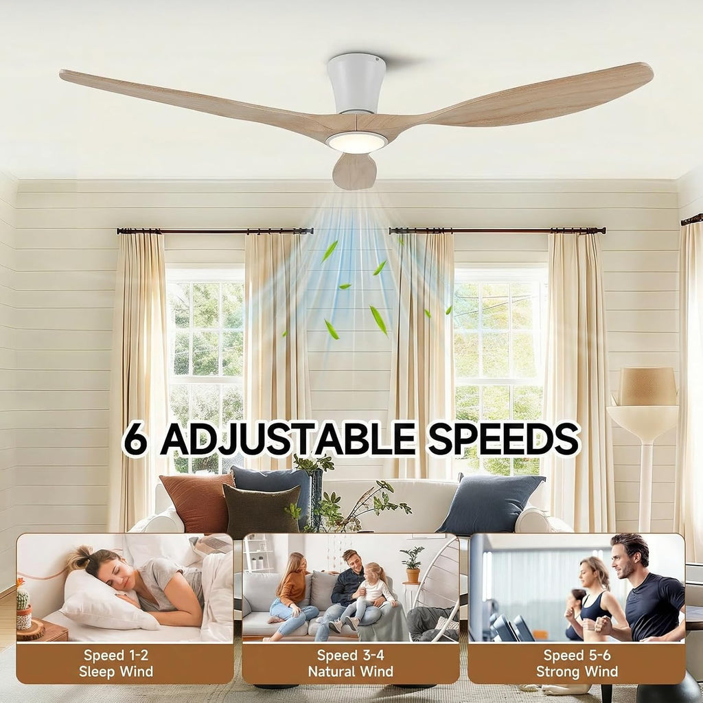 Skylike 52' Flush Mount Wood Ceiling Fan with Lights, 3 Blade Low Profile Rustic Ceiling Fan with Remote Control,Quiet Indoor/Outdoor Light Walnut Ceiling Fan for Patio,Porch, Gazebo, Bedroom